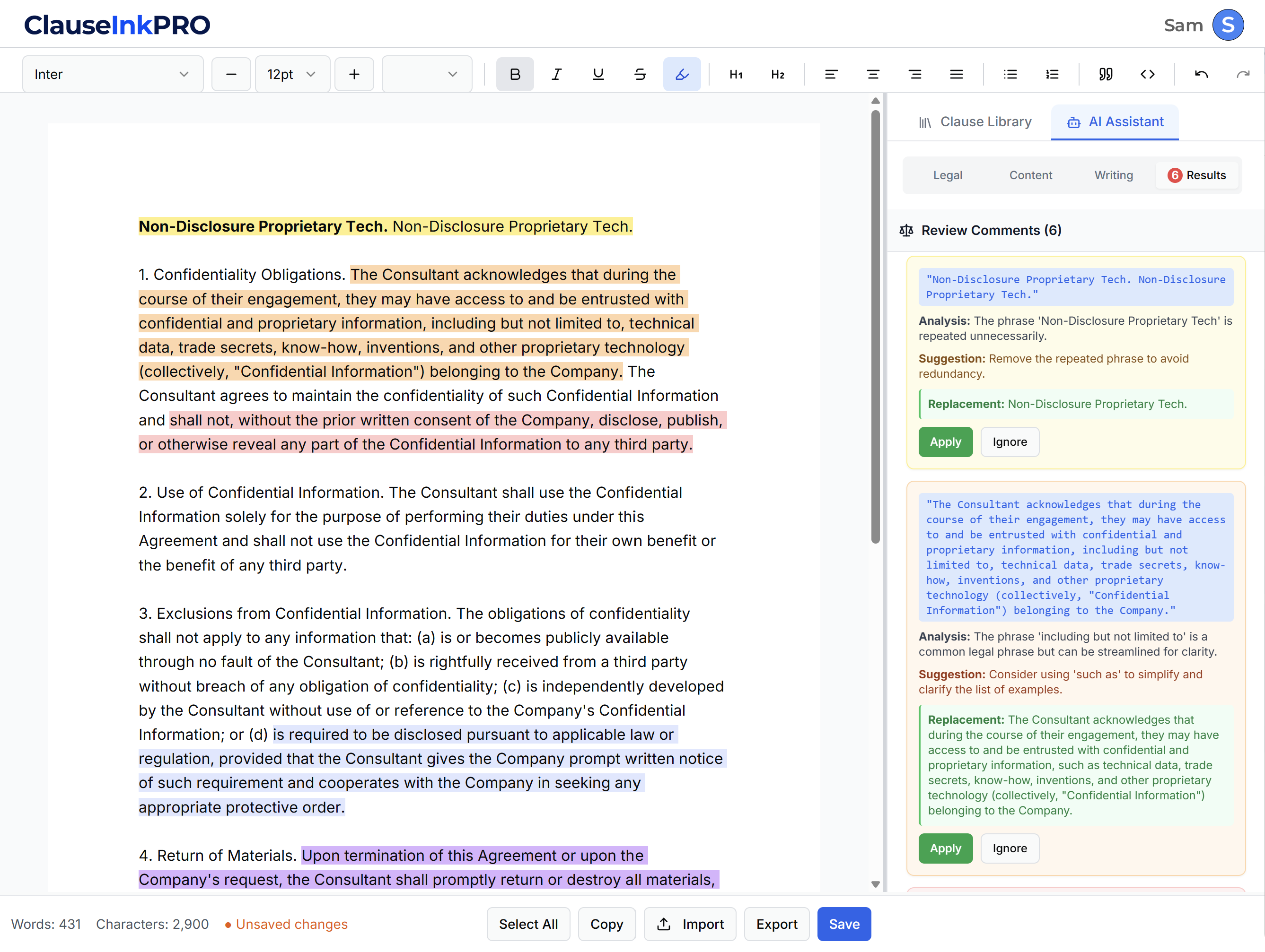 ClauseInk AI legal document editor interface showing intelligent clause suggestions, AI assistant panel, professional legal formatting tools, and contract drafting workspace
